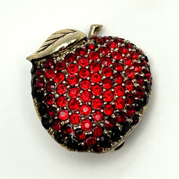 Vintage Monet Red Rhinestone Antique Gold Apple Pin Brooch Teachers Gift - Picture 5 of 15